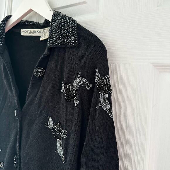 Michael Simon Vintage Black Button Collared Sweater Cardigan Beaded Poodles 2 - Picture 8 of 12